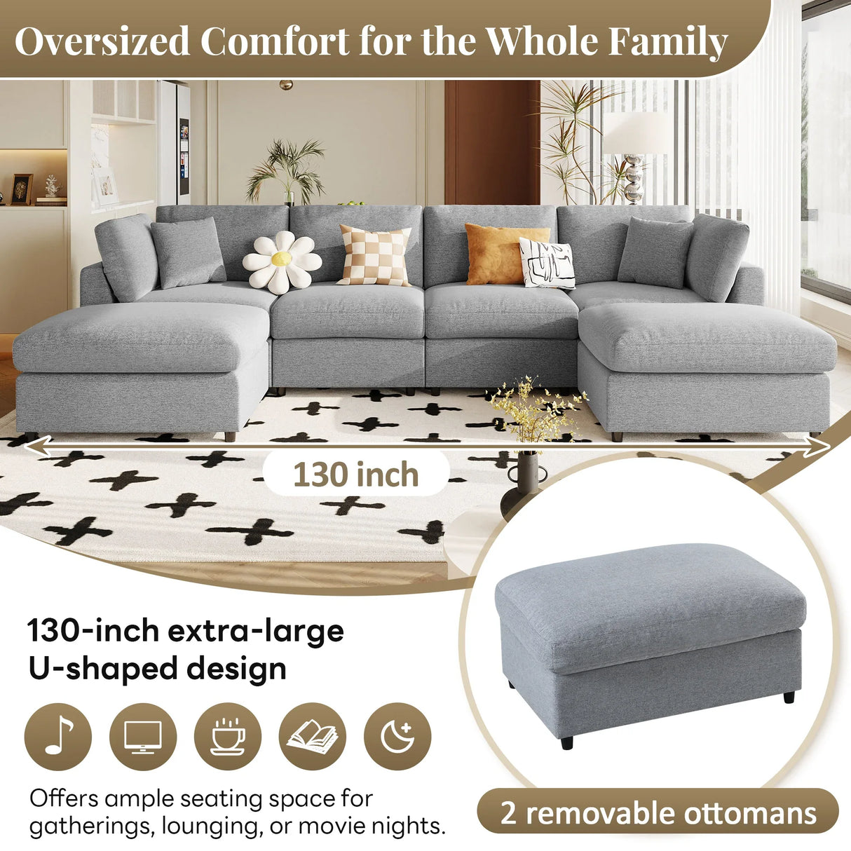 130-Inch Modular Chenille Fabric U-Shaped Sectional Sofa With Ottomans - Omega Lifestyles