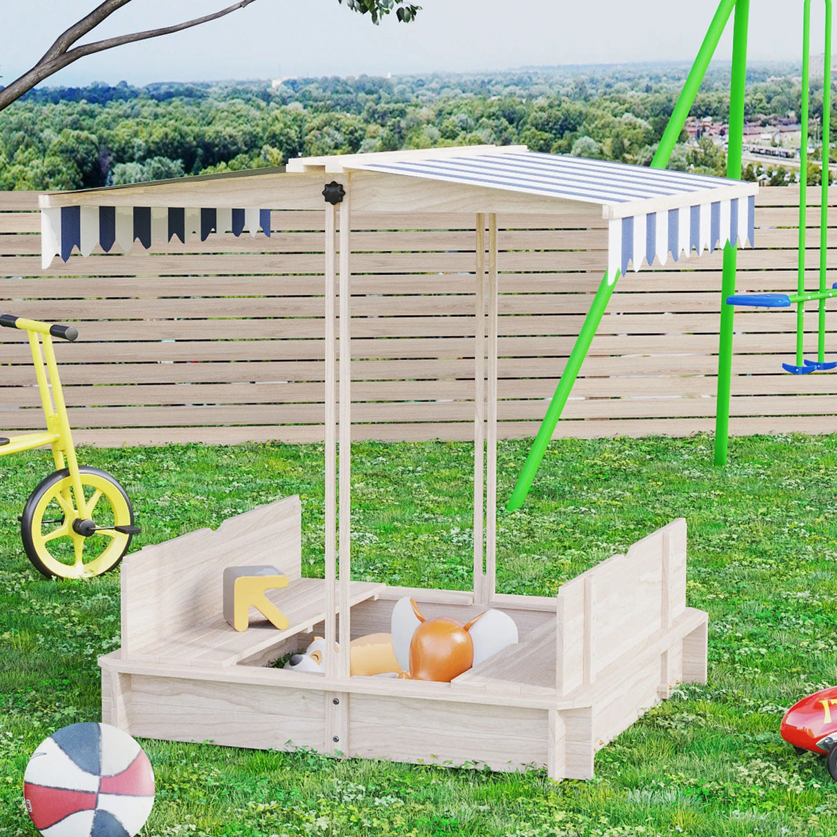 Wooden Kids Sandbox With Adjustable Canopy And Benches - Omega Lifestyles