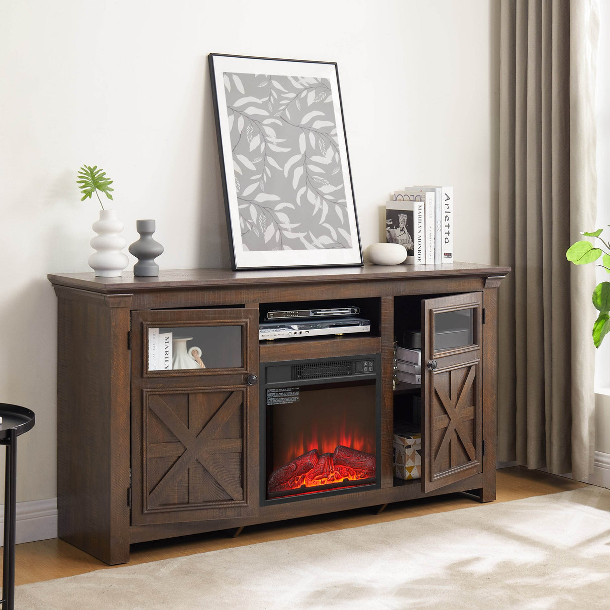 Farmhouse Espresso TV Stand With Fireplace Insert - Sleep Galleria