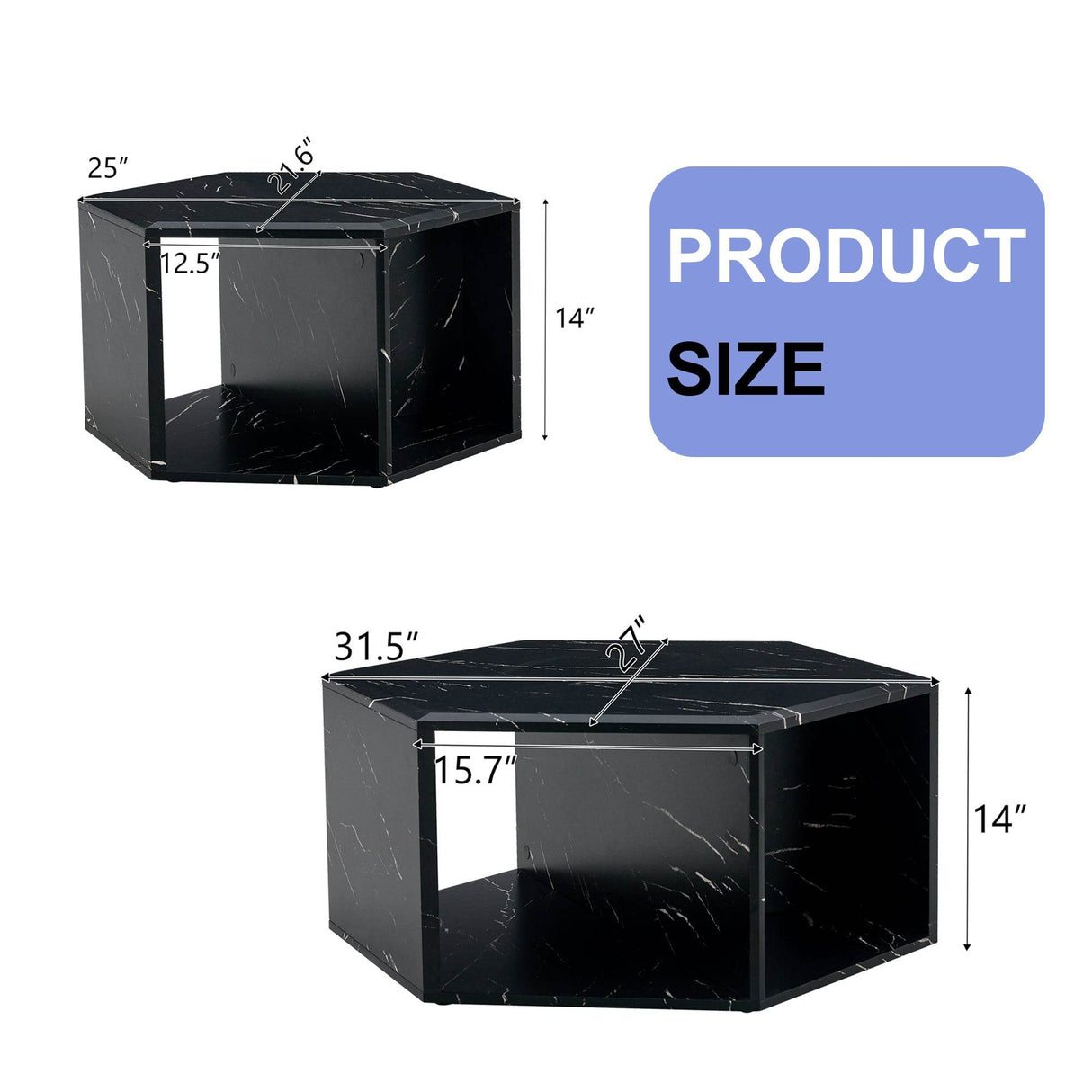 Set Of 2 Modern Minimalist Black Hexagonal Coffee Tables - Sleep Galleria