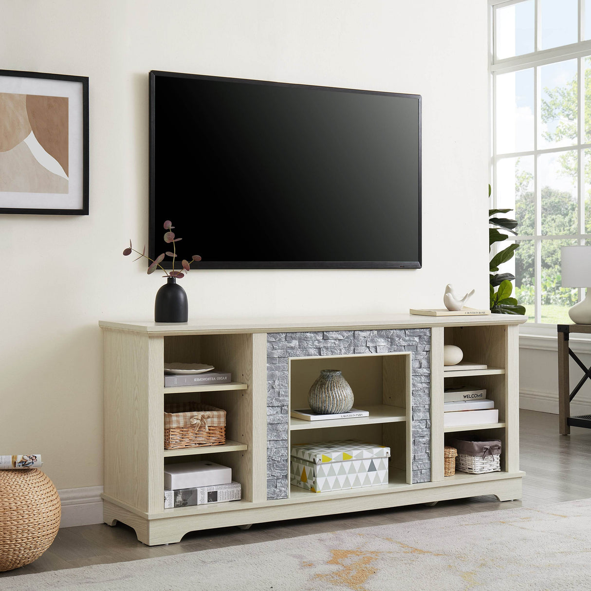 White Faux Stone Entertainment Console TV Stand - Sleep Galleria