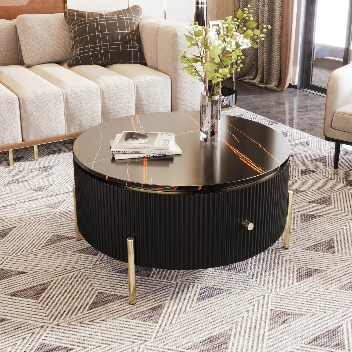 Modern Round Coffee Table With Two Large Drawers - Sleep Galleria