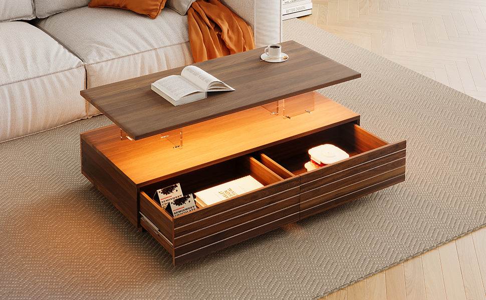 Modern Walnut Rectangle Coffee Table With LED Lights - Sleep Galleria
