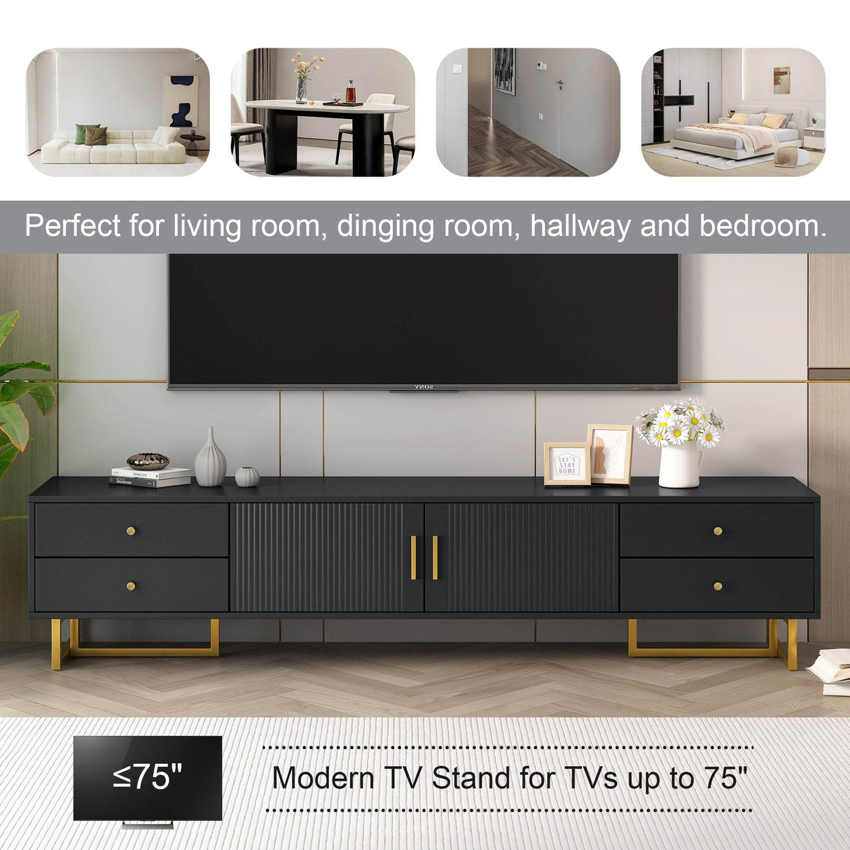 Modern Black MDF TV Stand With Storage Cabinet - Sleep Galleria