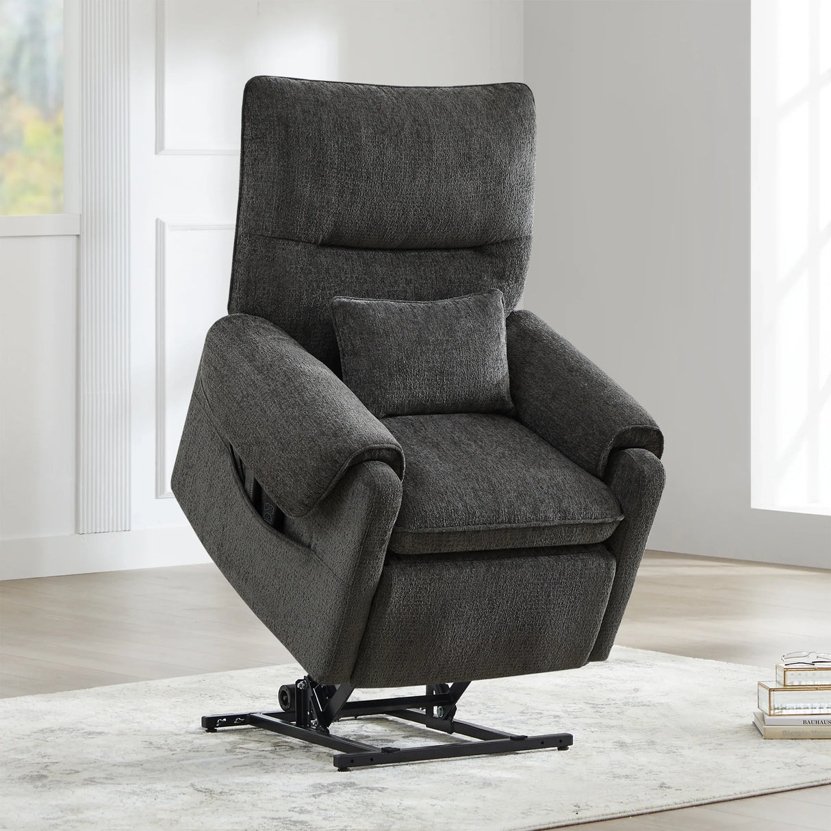 Power Lift Assist Recliner Chair Gray Chenille Upholstered - Omega Lifestyles