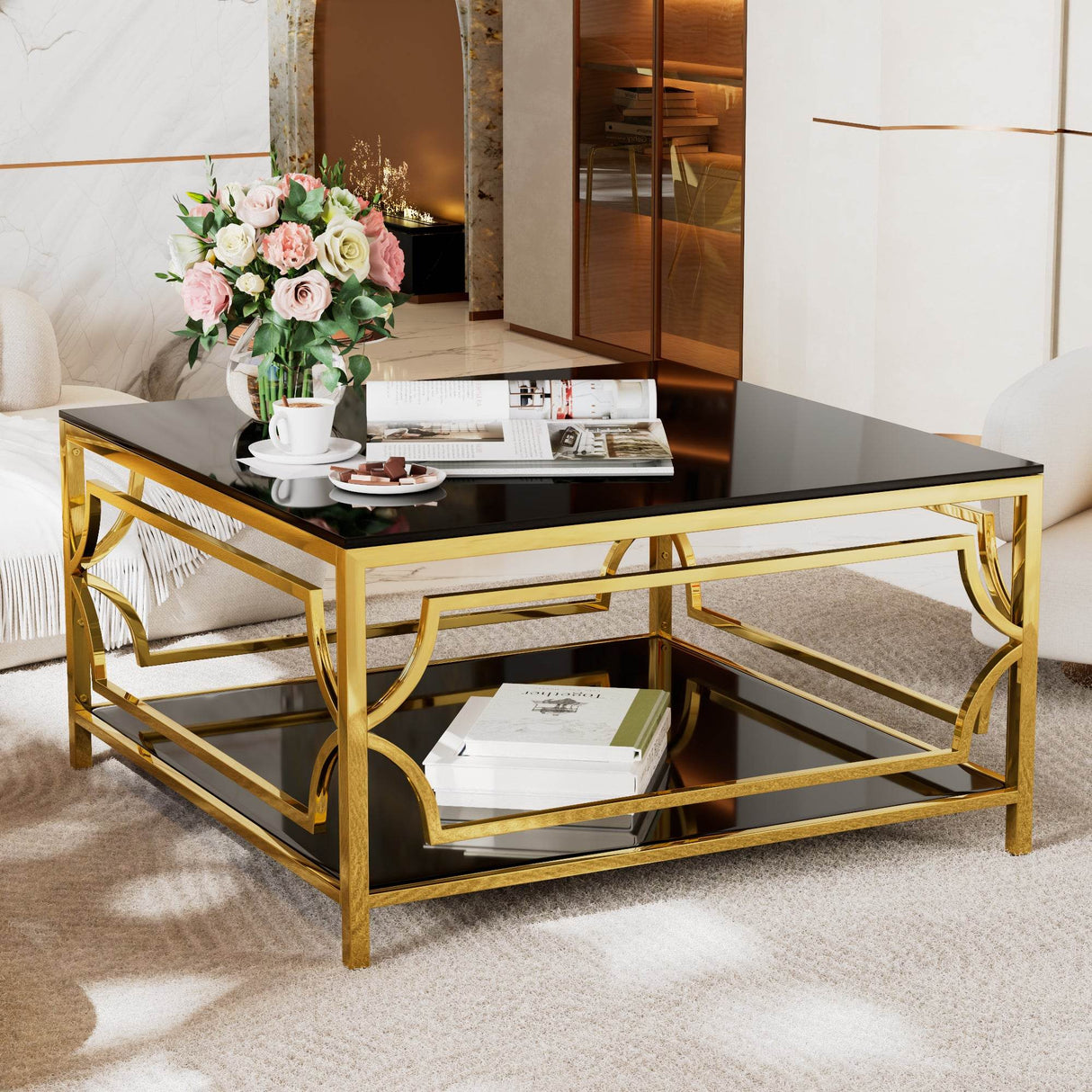 Modern Square Glass Coffee Table With Gold Metal Frame - Sleep Galleria
