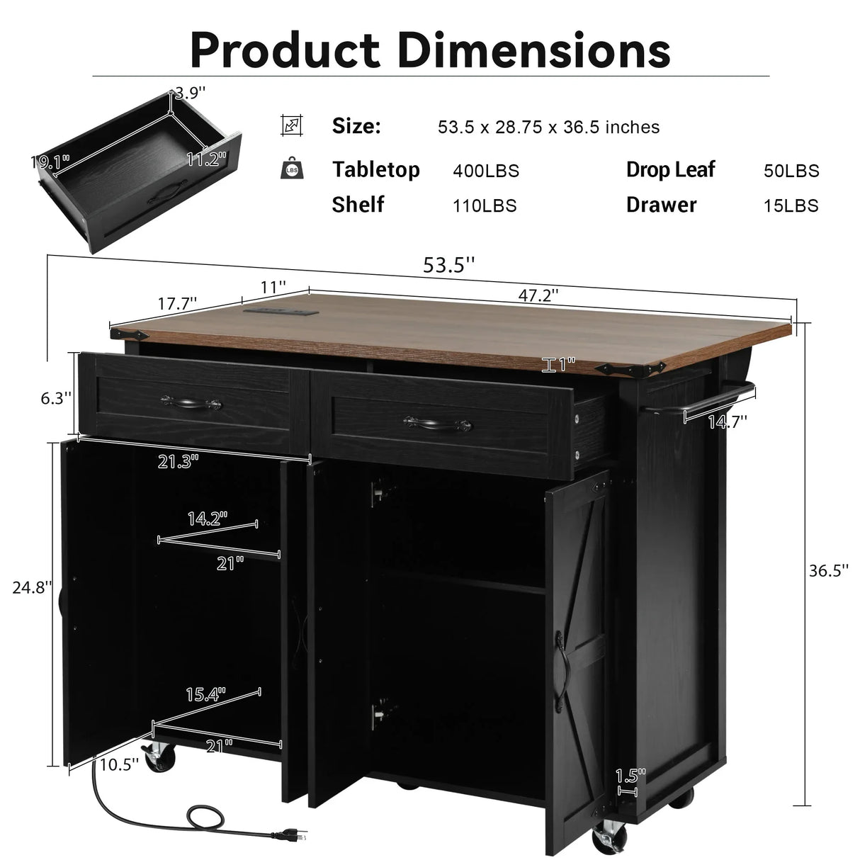 Farmhouse Style Rolling Kitchen Island With Power Outlet - Omega Lifestyles