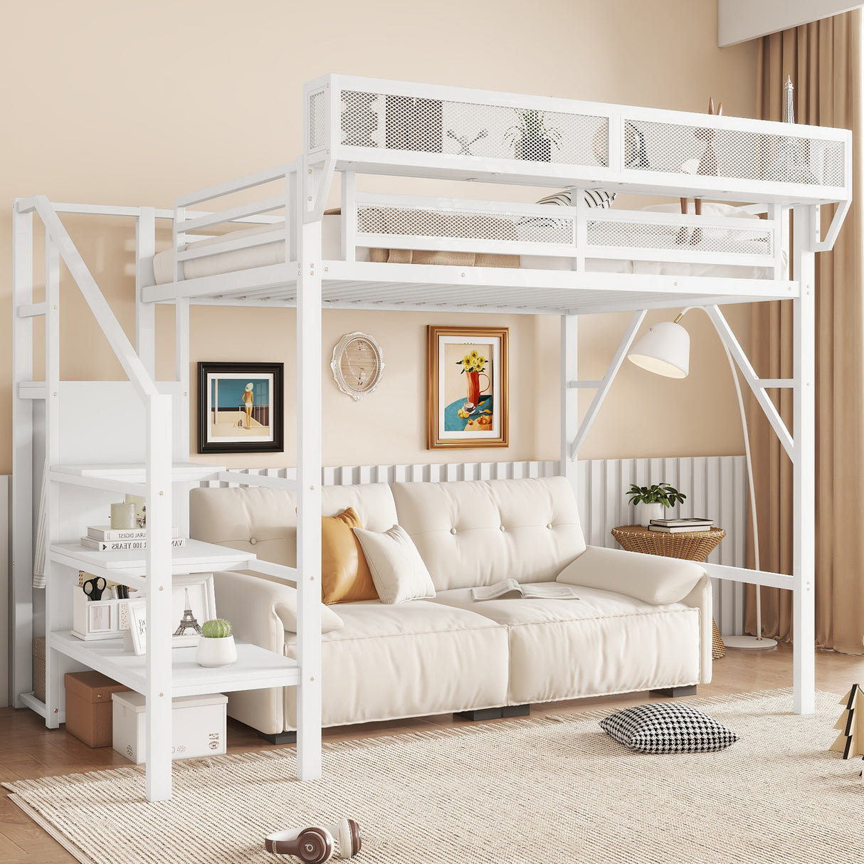 Twin Metal Loft Bed With Stairs Storage Shelves Wardrobe
