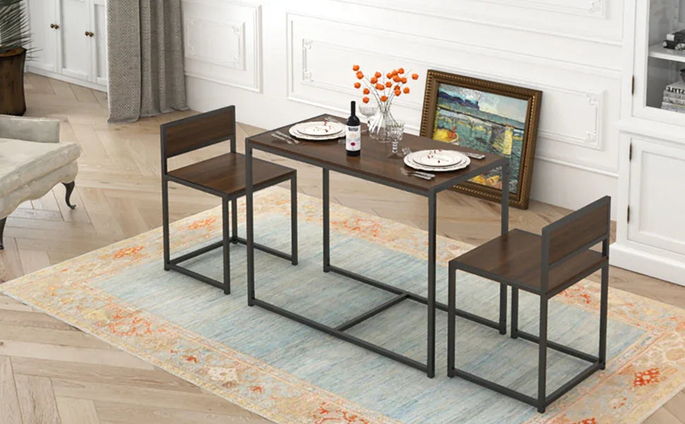 Modern Rectangular Brown MDF 3-Piece Dining Table Set - Omega Lifestyles