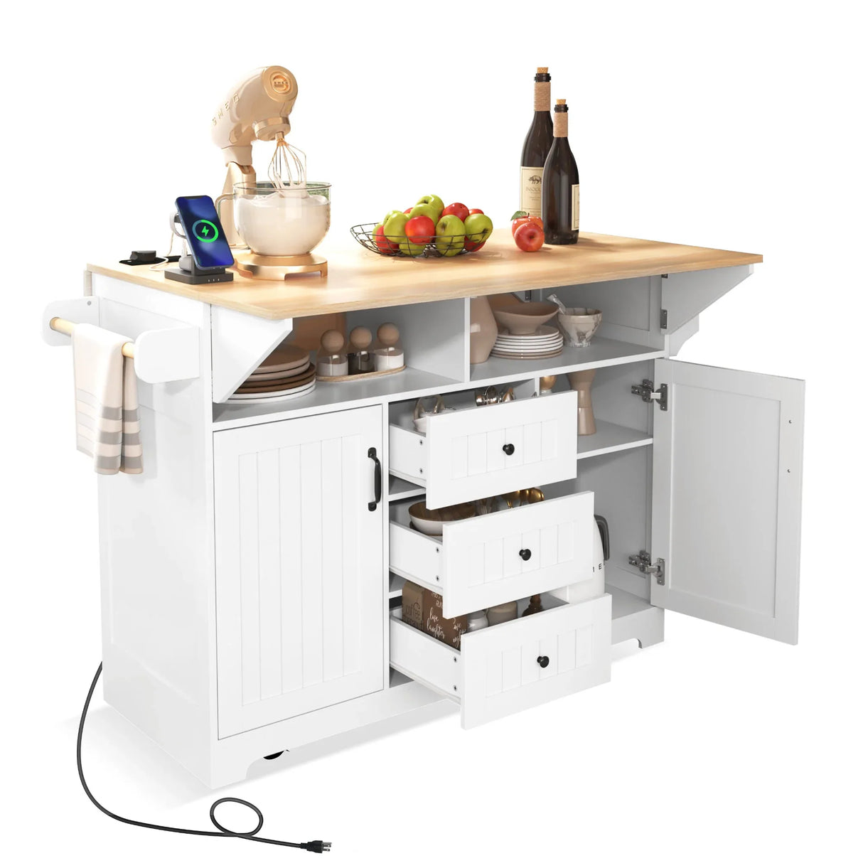 Folding Kitchen Island Cart With Power Outlet and Storage - Omega Lifestyles