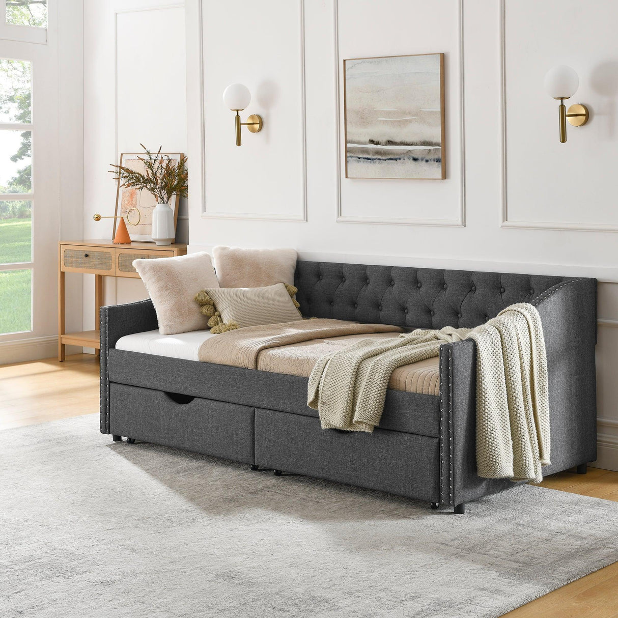 Twin Upholstered Tufted Daybed With Storage Drawers - Omega Lifestyles