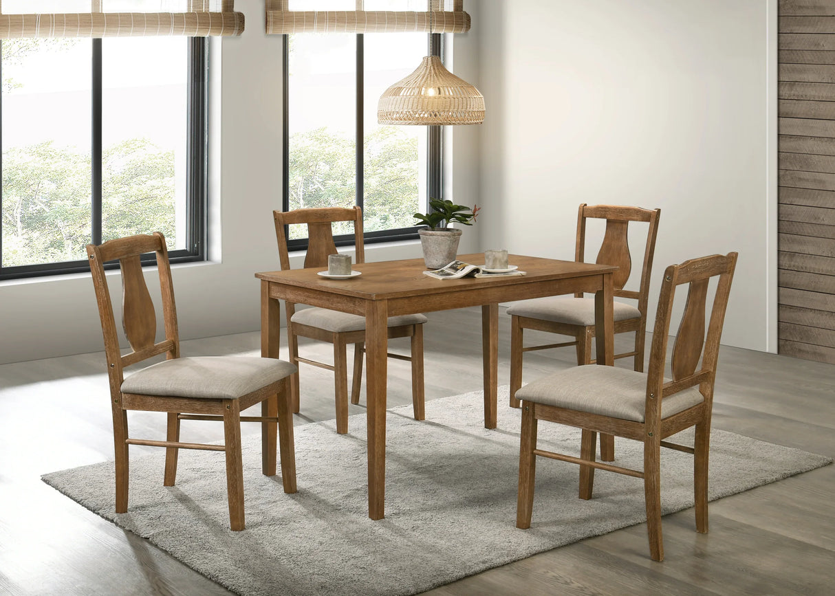 5PC Oak Finish Synthetic Wood Upholstered Dining Set - Omega Lifestyles