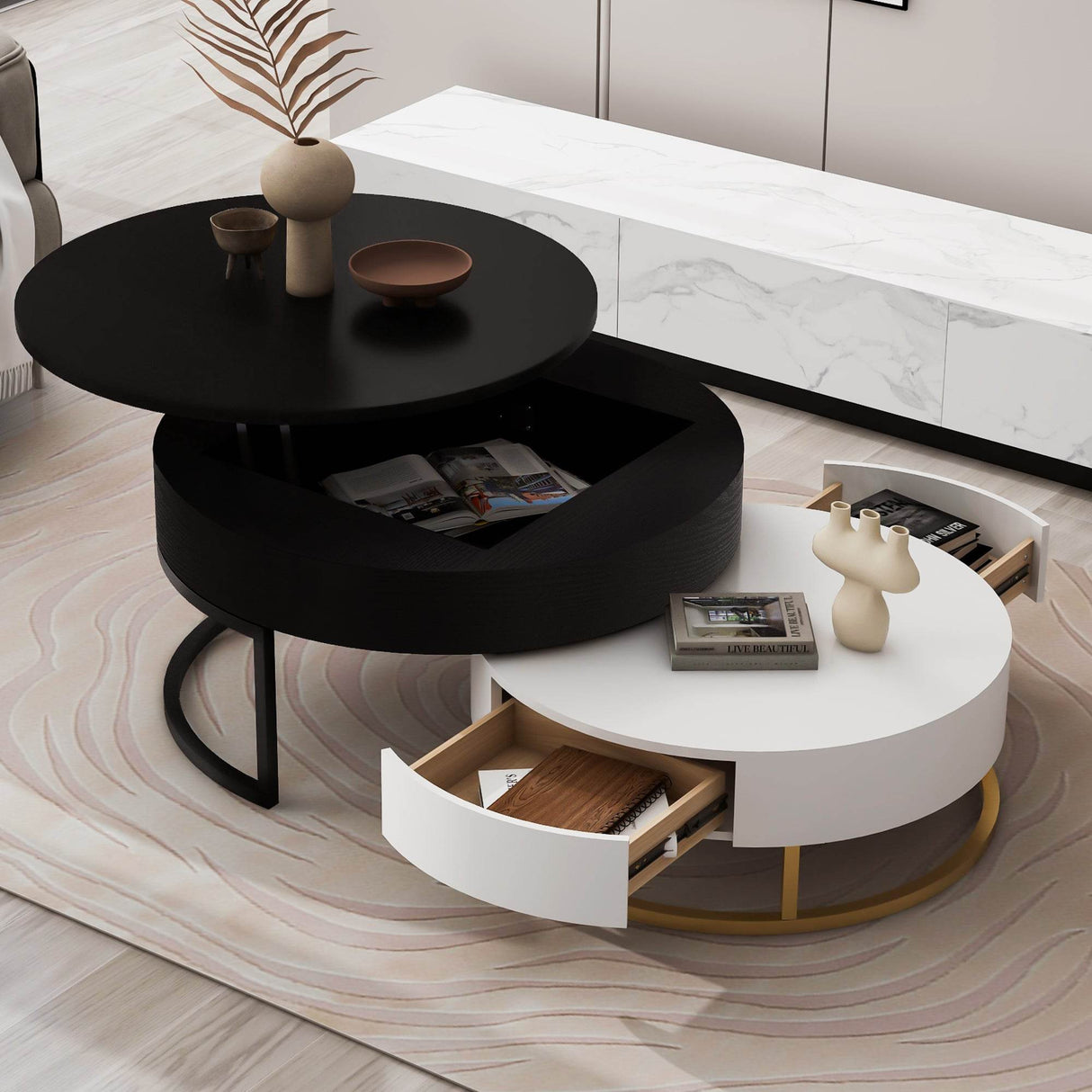 Modern Round Lift-Top Nesting Coffee Tables With Drawers - Sleep Galleria