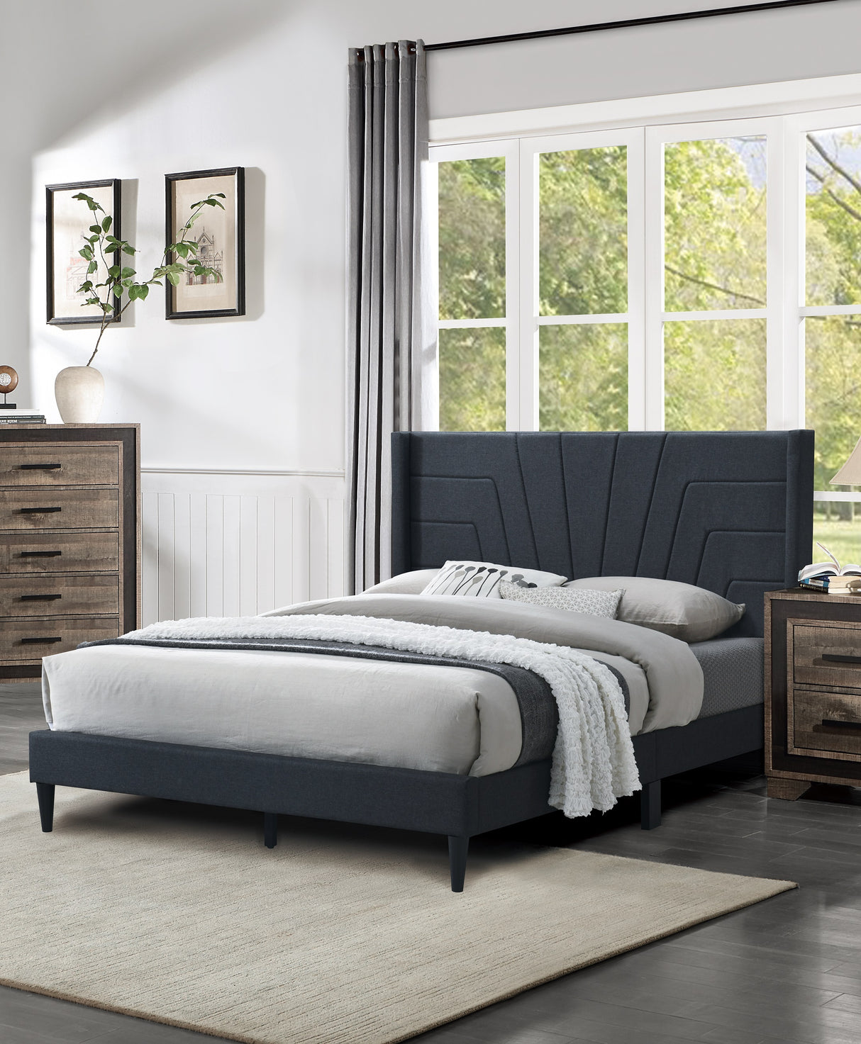 King Charcoal Fabric Upholstered Platform Bed Frame