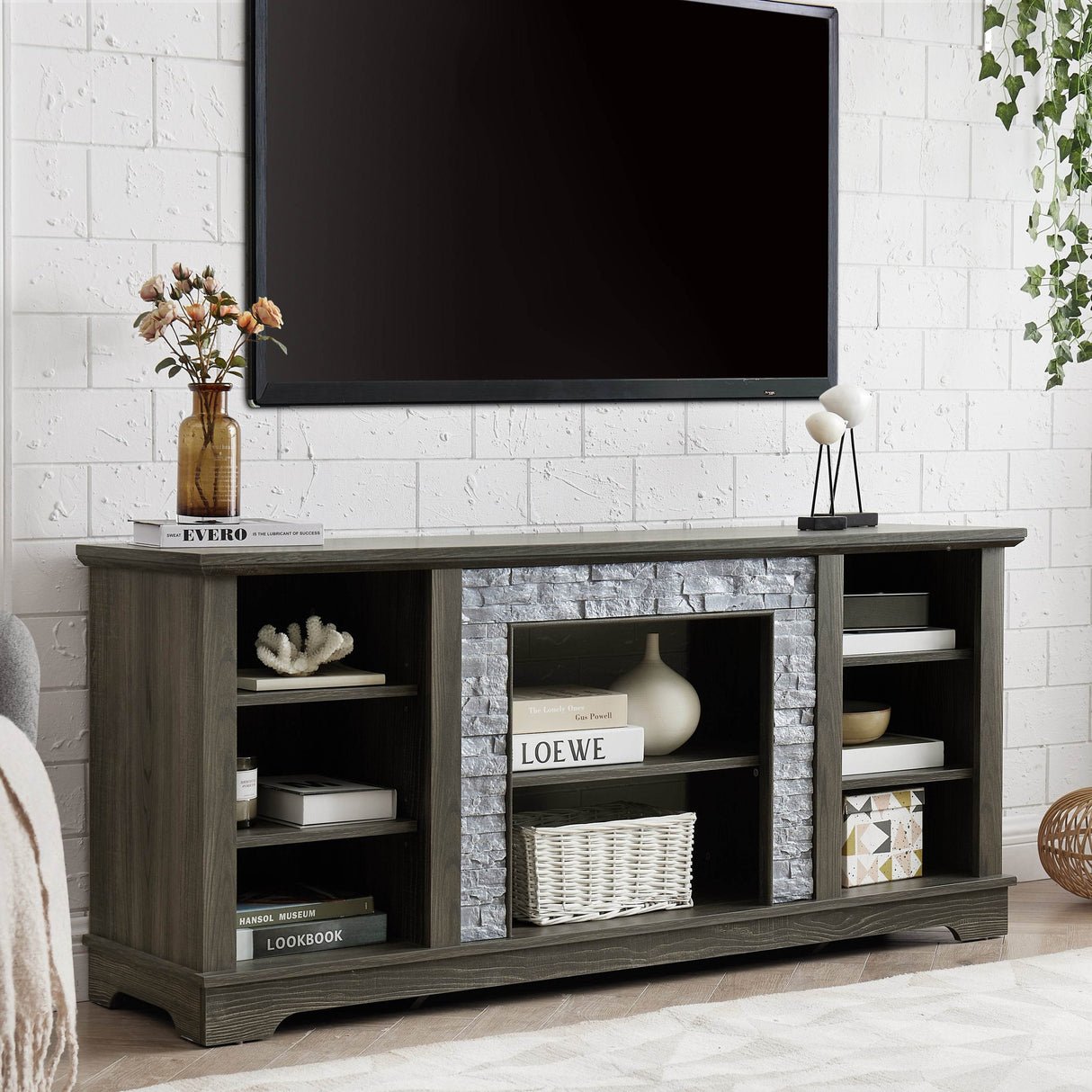 Grey Faux Stacked Stone MDF TV Media Stand Console - Sleep Galleria