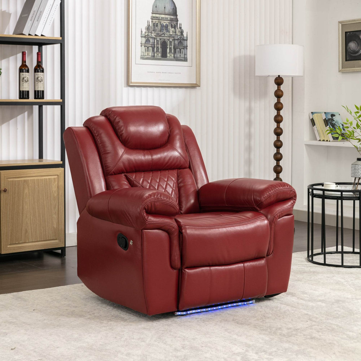 Wine Red Faux Leather Manual Recliner Chair With LED Strip - Omega Lifestyles