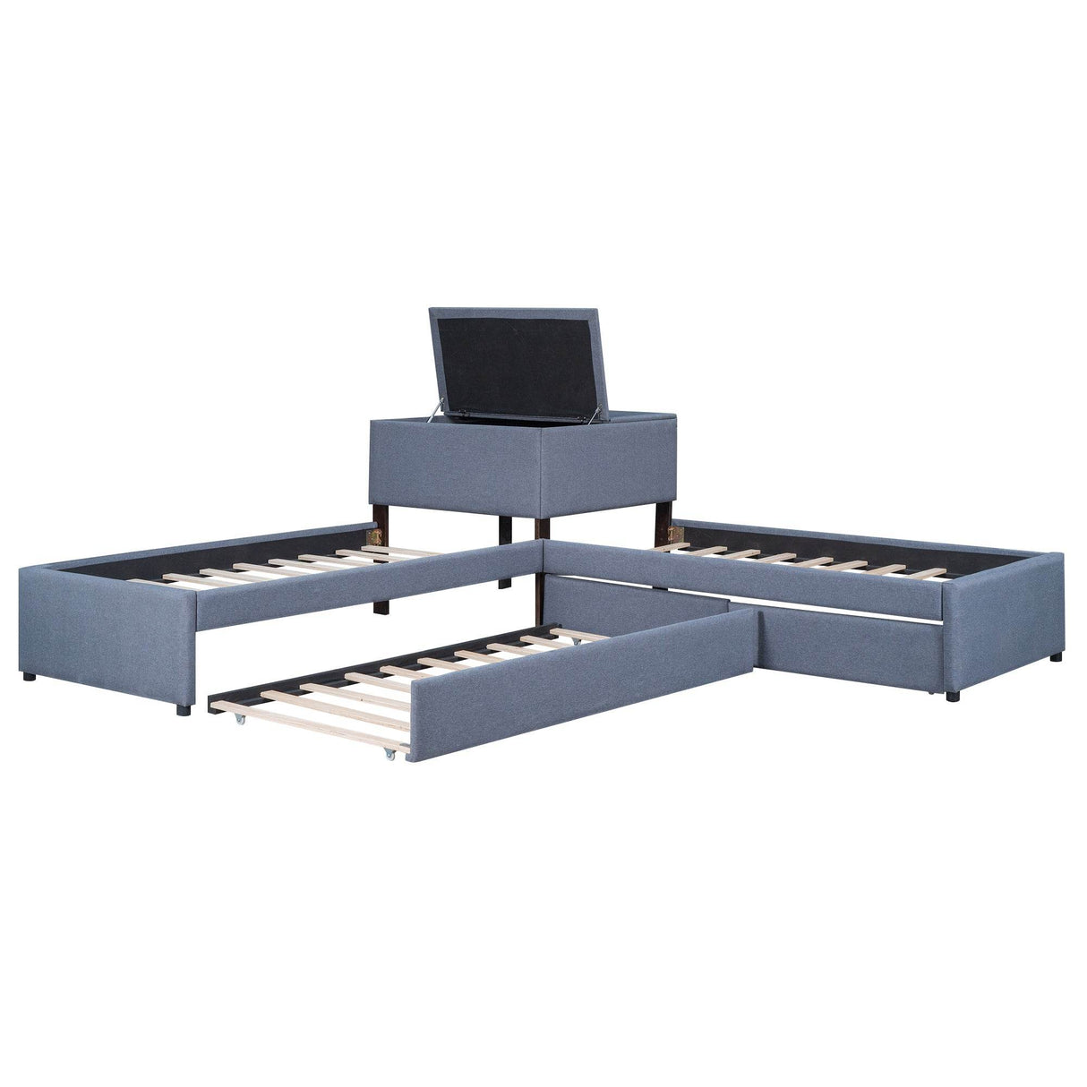 L-Shaped Upholstered Twin Platform Bed With Trundle Desk - Omega Lifestyles
