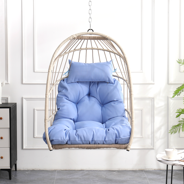 Outdoor Blue HDPE Foldable Rattan Egg Swing Chair