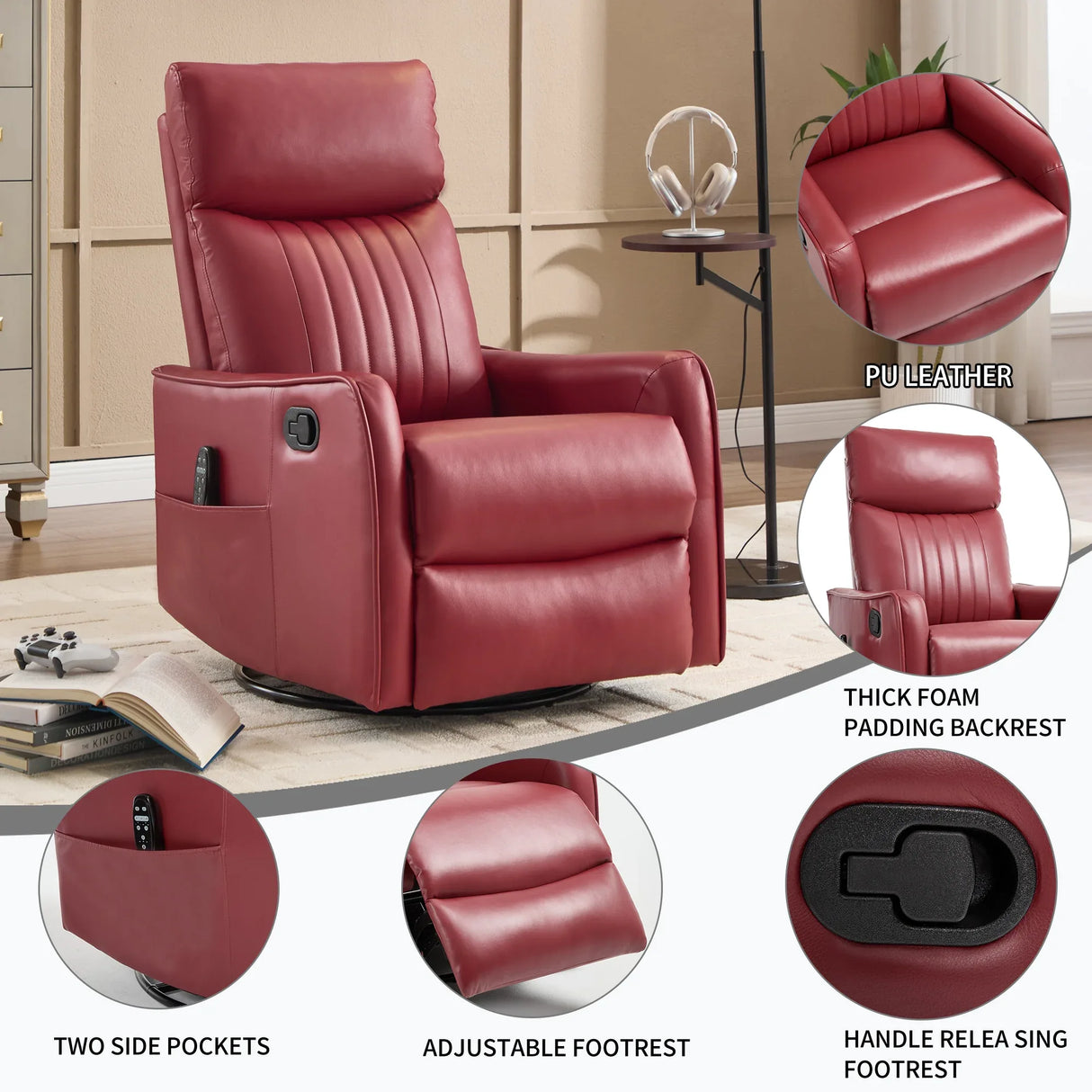 Red Faux Leather Medium-Firm Heat Massage Recliner Chair - Omega Lifestyles