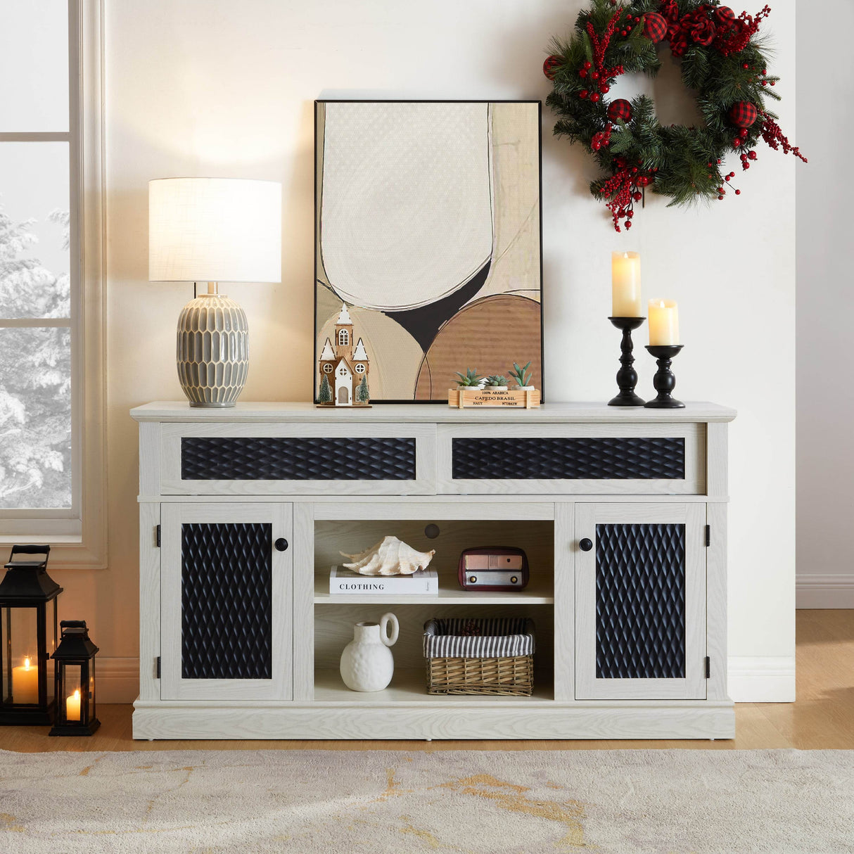 Embossed White MDF TV Stand With Storage and Cord Management - Sleep Galleria