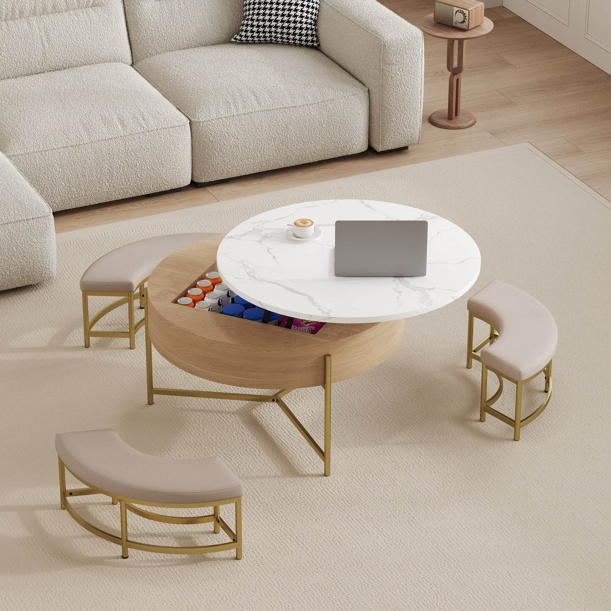 Modern Round Lift-Top Coffee Table With Storage And Ottomans - Sleep Galleria