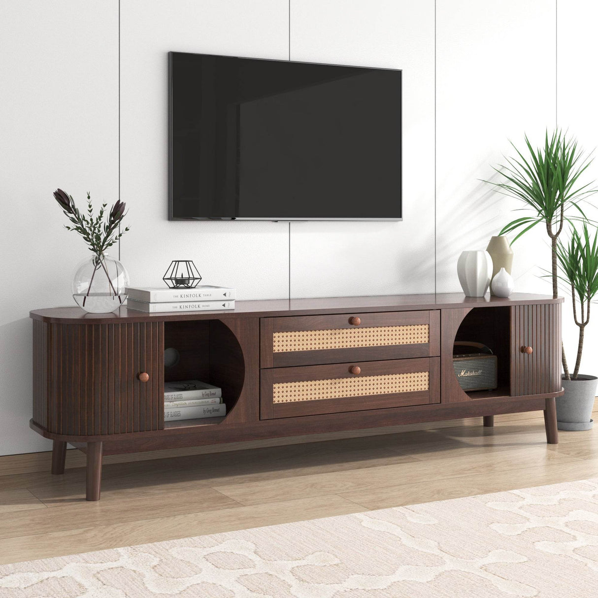 Modern Farmhouse Rattan TV Stand With Storage Cabinet - Sleep Galleria
