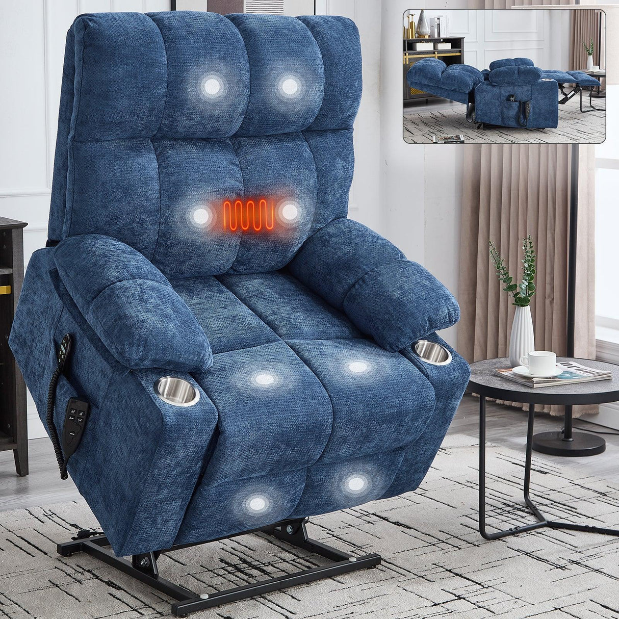 Blue Medium-Firm Power Lift Recliner Chair With Massage - Omega Lifestyles