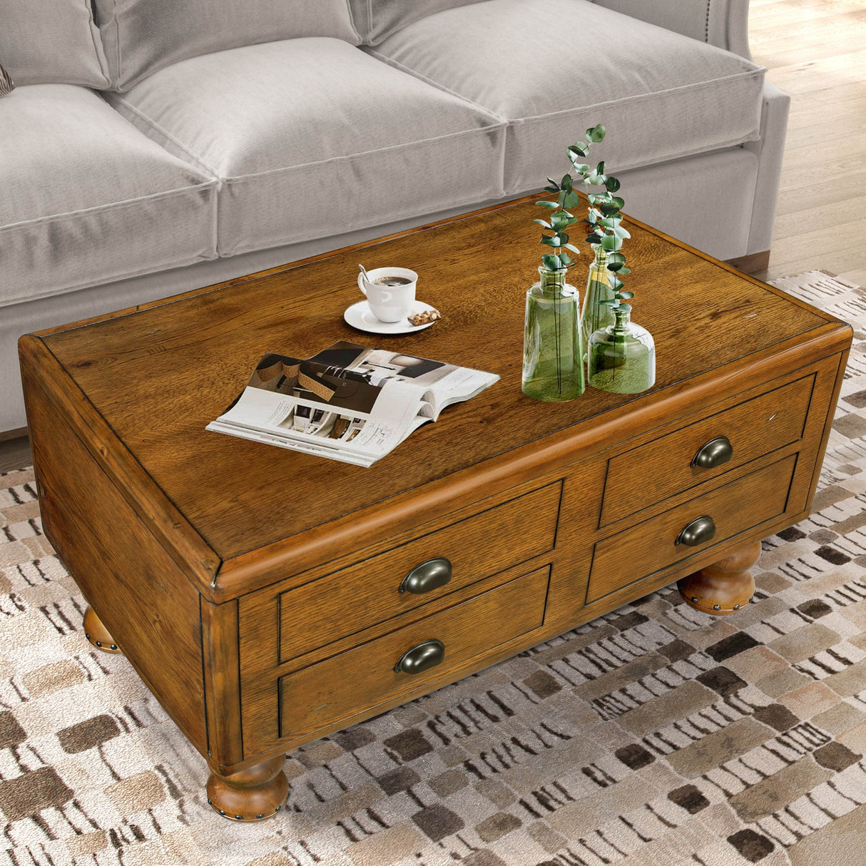 Solid Wood 40-Inch Antique Coffee Table With Drawers - Sleep Galleria