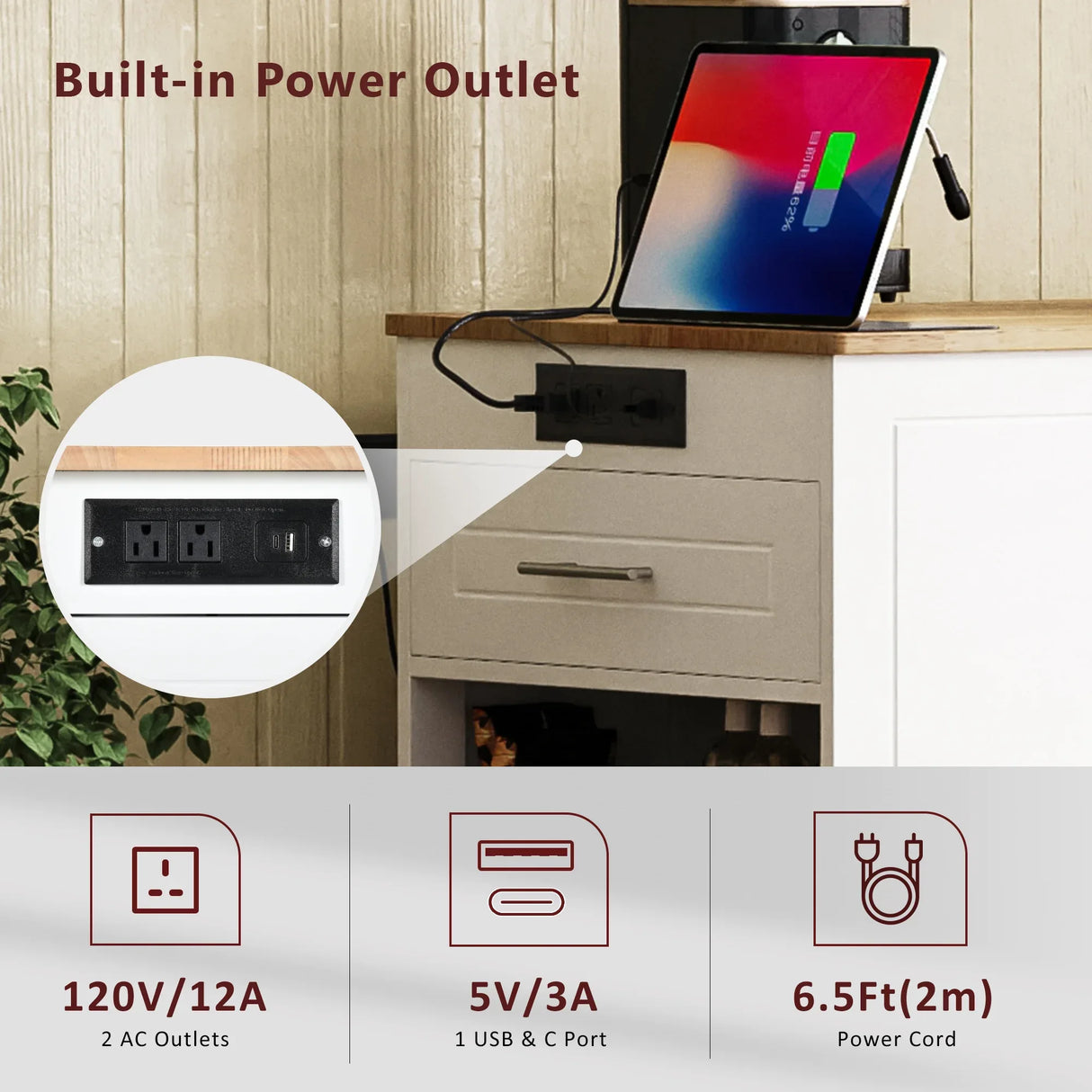 Fluted Rubber Wood Kitchen Island With Tilt-Out Trash Can - Omega Lifestyles