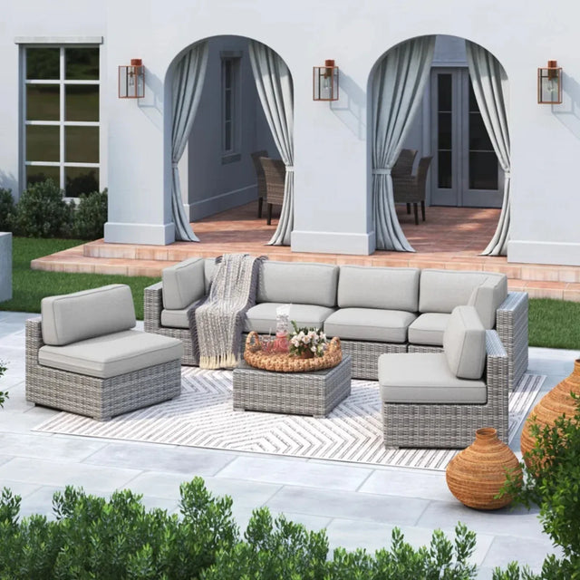 6-Piece Grey Mix Rattan Wicker Outdoor Sectional Patio Set - Omega Lifestyles