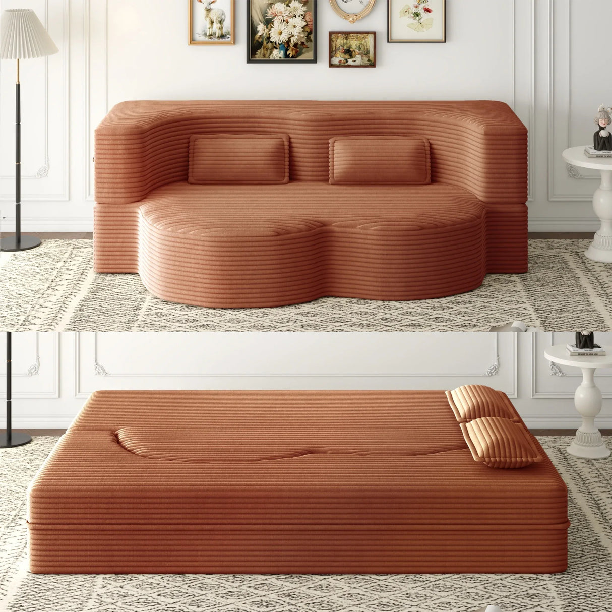 Full Size Plush Corduroy Folding Sofa Bed With Pillows - Omega Lifestyles