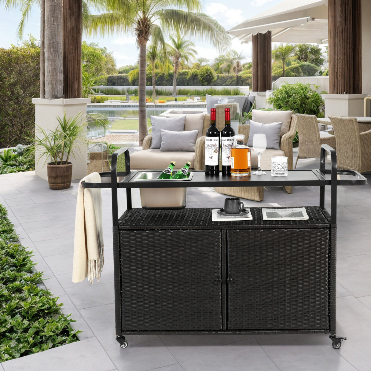Outdoor Bar Table Steel Frame Lockable Wheels Cart