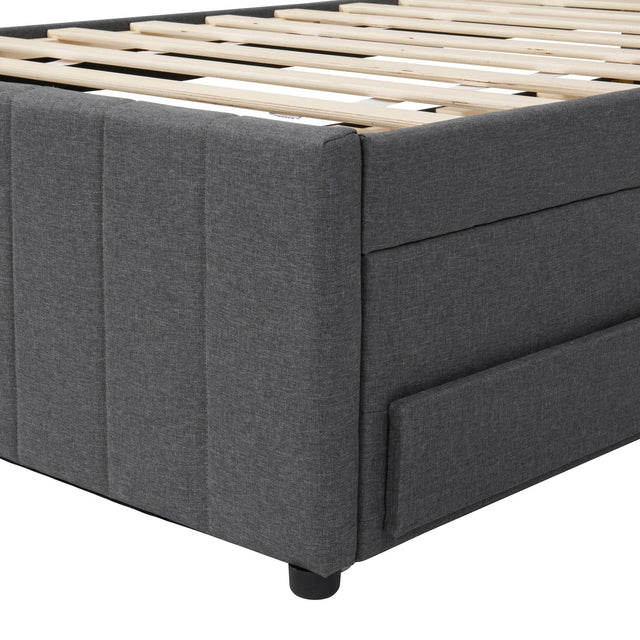 Full Size Upholstered Linen Platform Bed With Trundle Drawers - Omega Lifestyles