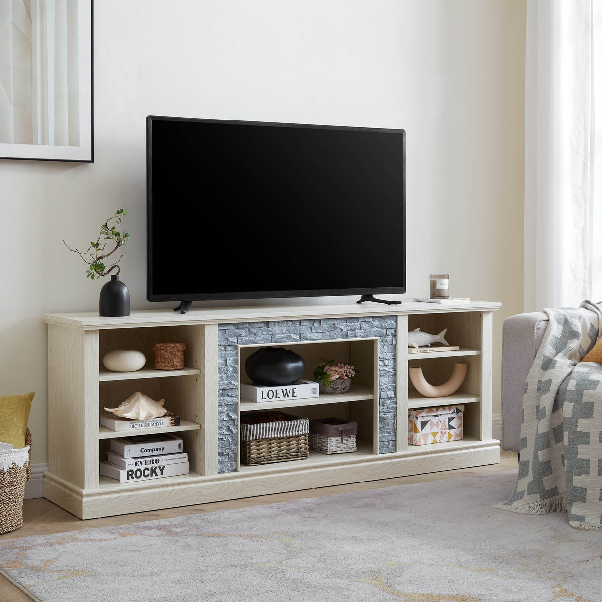 White MDF Large TV Stand With Storage Cabinet - Sleep Galleria