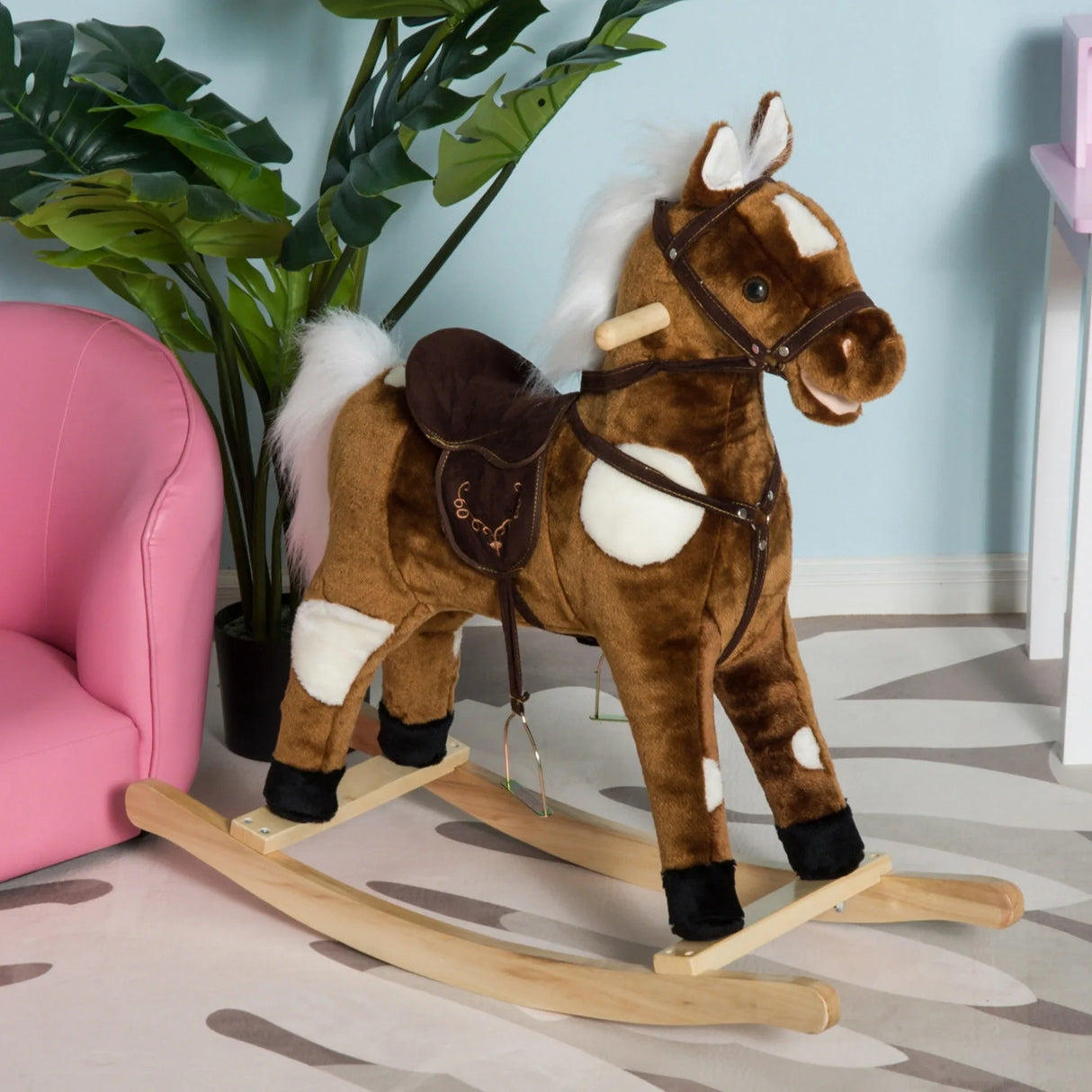 Plush Metal Frame Kids Rocking Horse Toy With Music - Omega Lifestyles