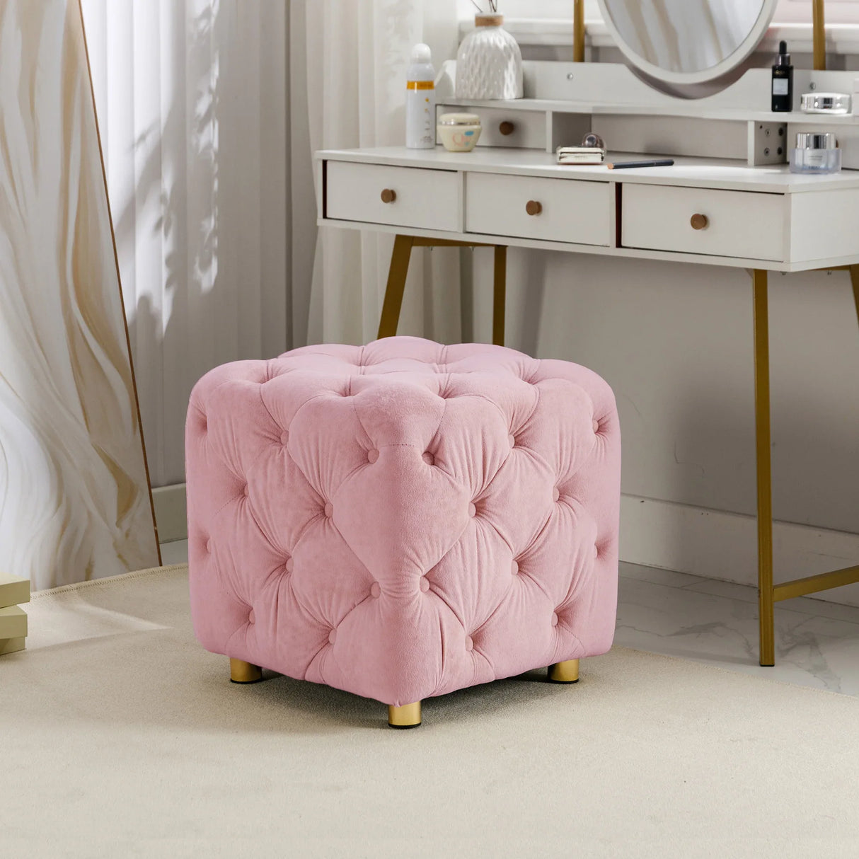 Pink Velvet Dice-Shaped Storage Ottoman With Foam Seat - Omega Lifestyles