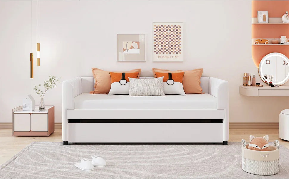 Twin Velvet Upholstered Daybed With Ergonomic Backrest And Trundle - Omega Lifestyles