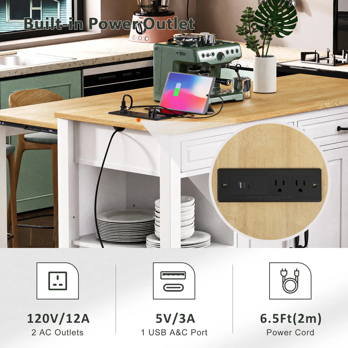 47-Inch Extendable Rubber Wood Veneer Kitchen Island - Omega Lifestyles