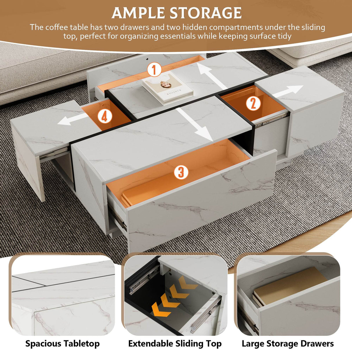 Modern White MDF Sliding Top Coffee Table With Storage - Sleep Galleria