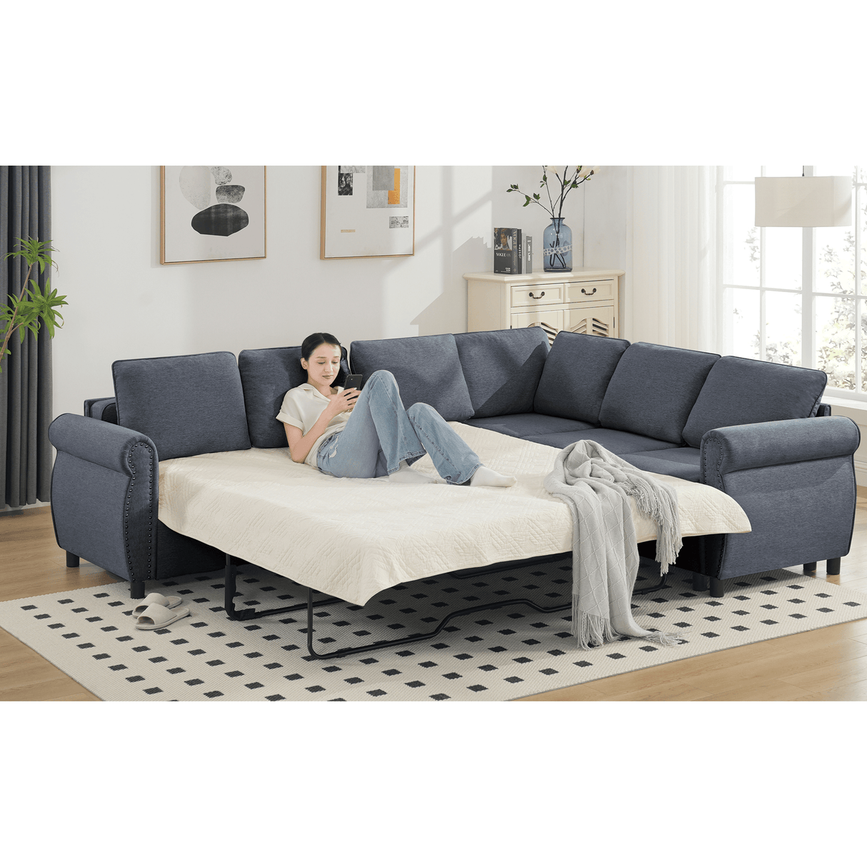6-Seater Medium-Soft L-Shaped Pull-Out Sleeper Sofa
