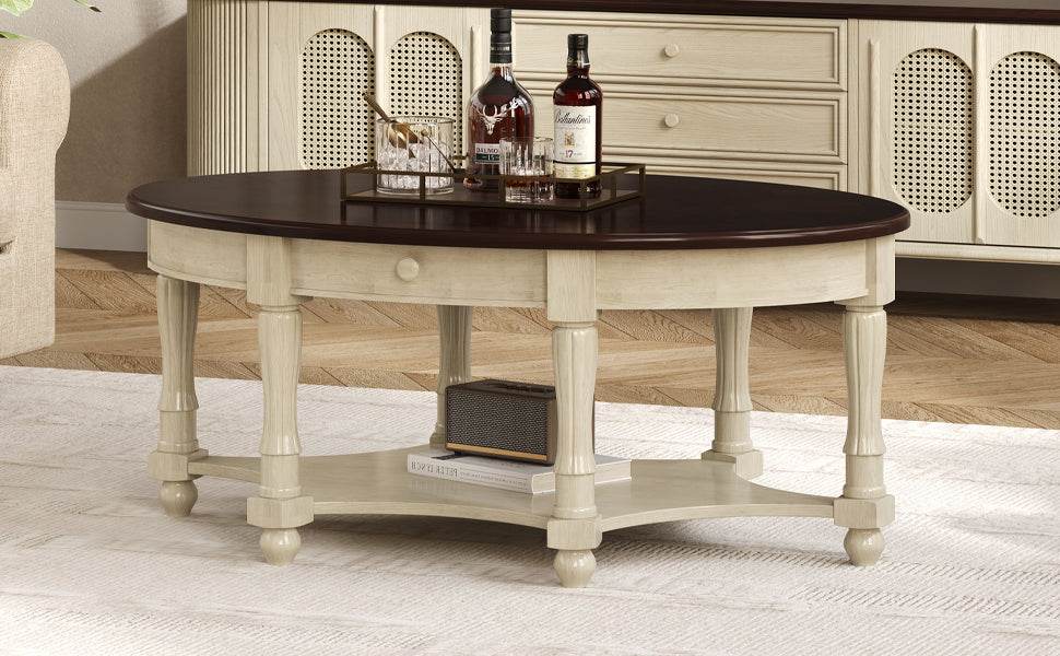 Vintage Oval Coffee Table With Drawer And Storage Shelf - Sleep Galleria