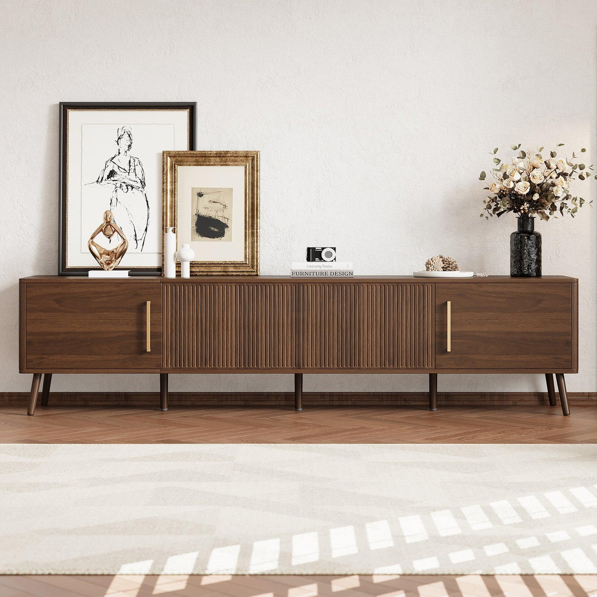 Modern Walnut Fluted Door 78-Inch TV Stand - Omega Lifestyles