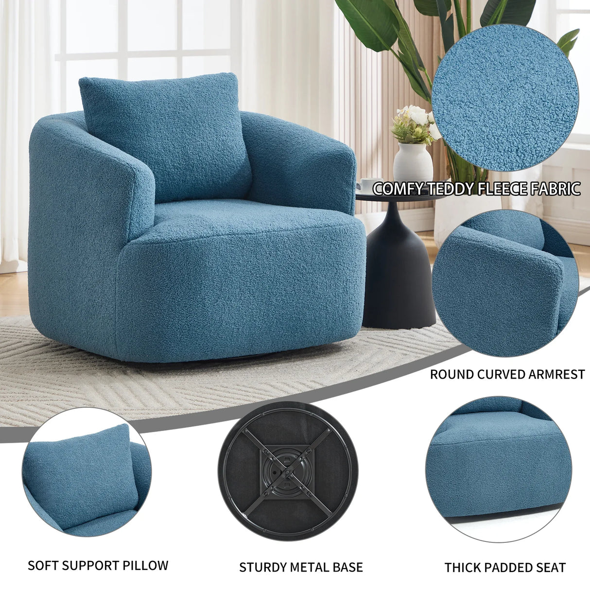360-Degree Swivel Teddy Fleece Upholstered Accent Chair - Omega Lifestyles