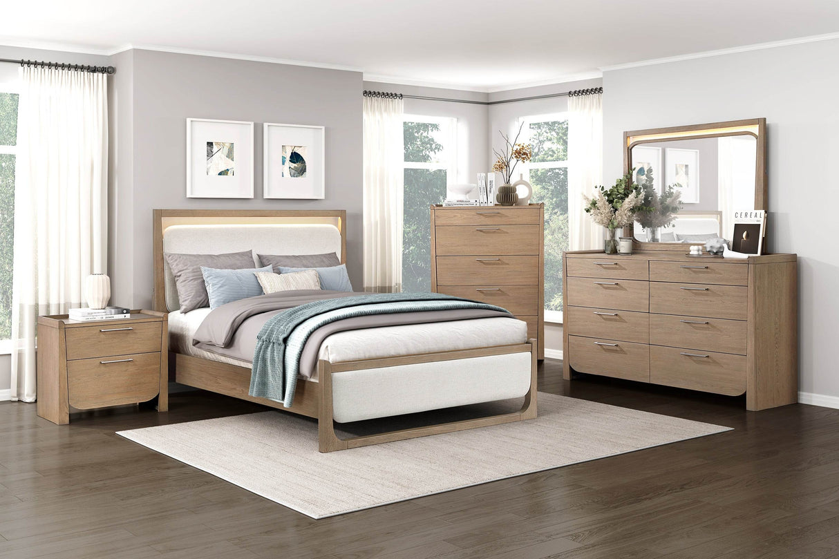 Contemporary Light Brown Wood Upholstered LED Bed Frame - Omega Lifestyles
