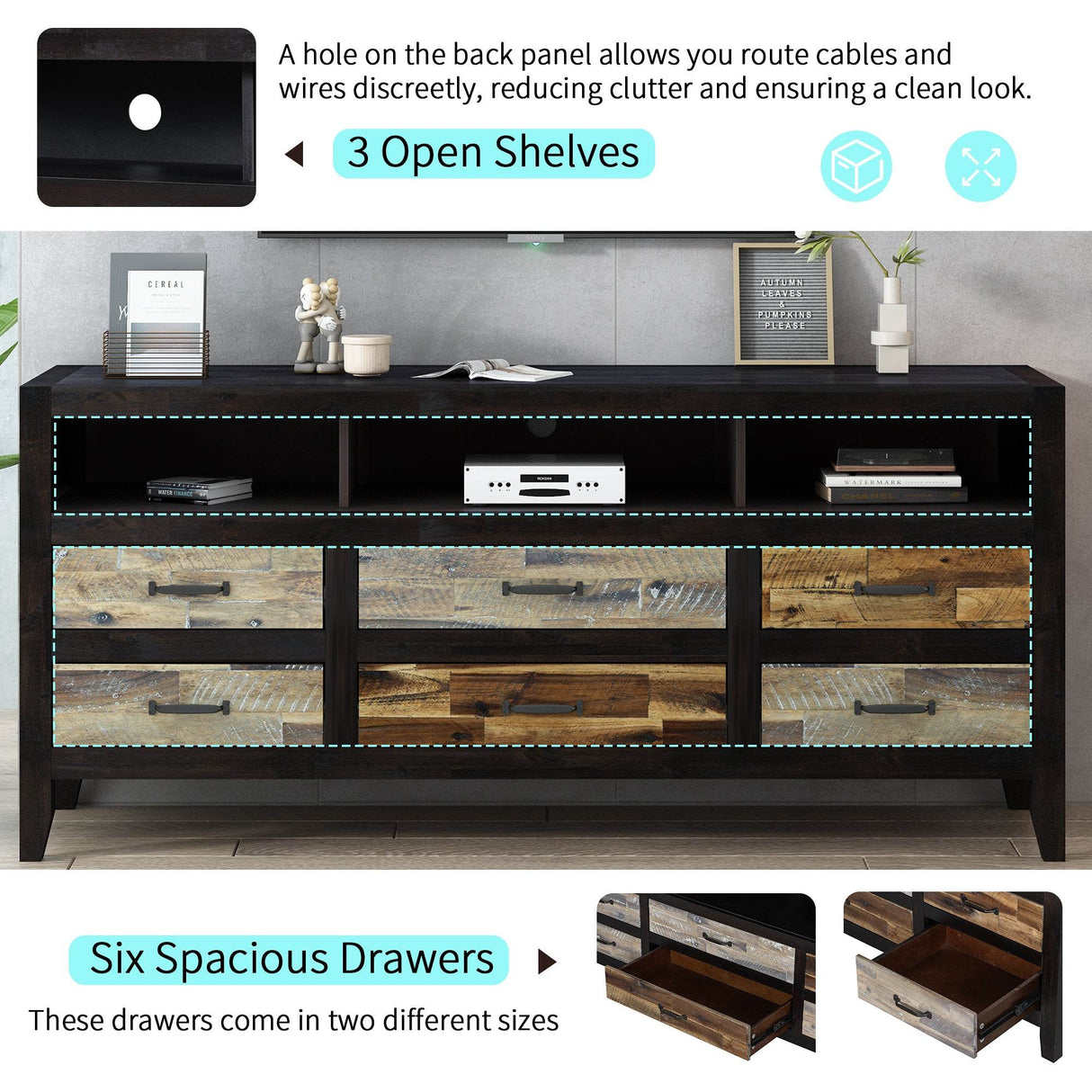 Retro Distressed Solid Wood TV Stand With Drawers - Omega Lifestyles