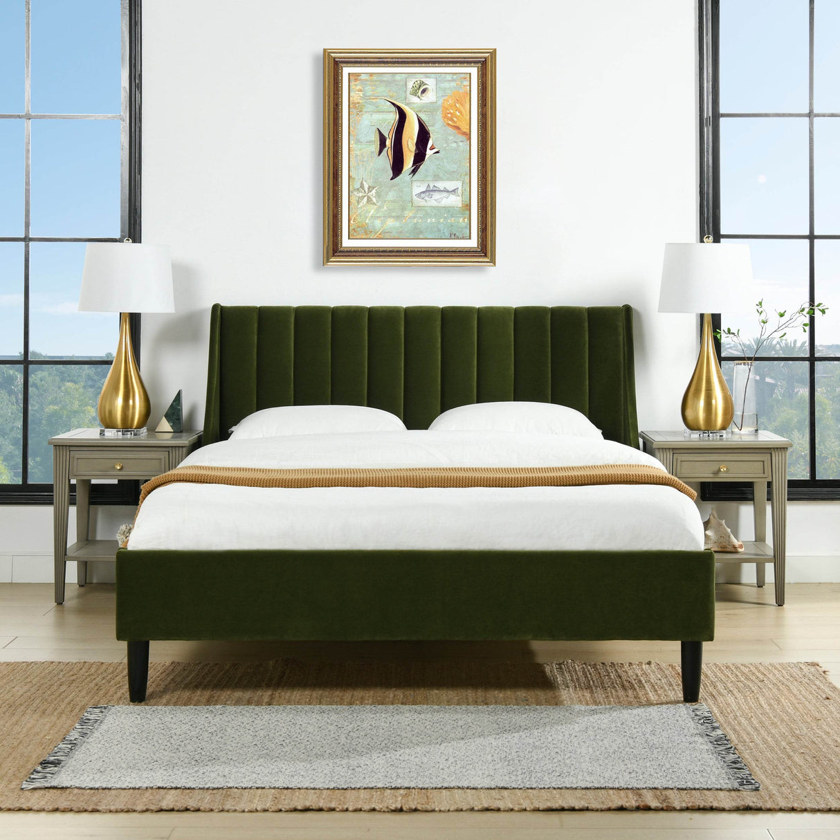 Modern Velvet Upholstered Platform Bed Frame Queen