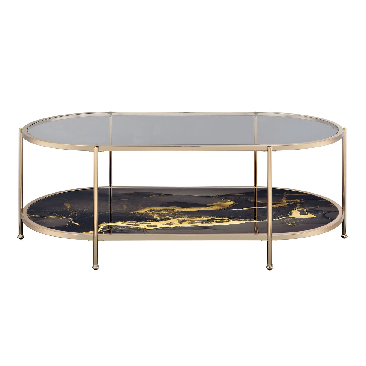 Black Marble Glass Top Metal Coffee Table With Shelf - Omega Lifestyles