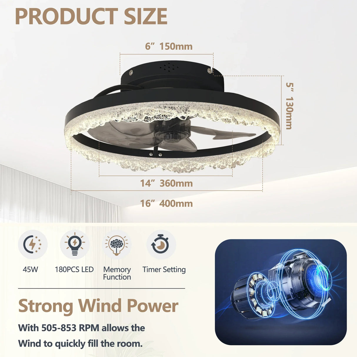 16-Inch Decorative LED Ceiling Fan Light With Crystal Ring - Omega Lifestyles