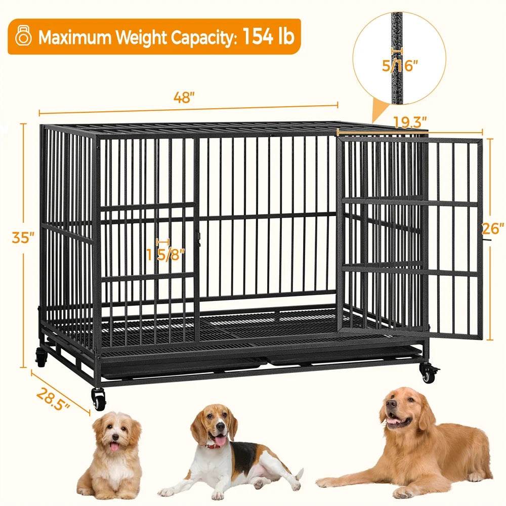 48-Inch Indestructible Rolling Dog Crate with Open-Top Design, Black