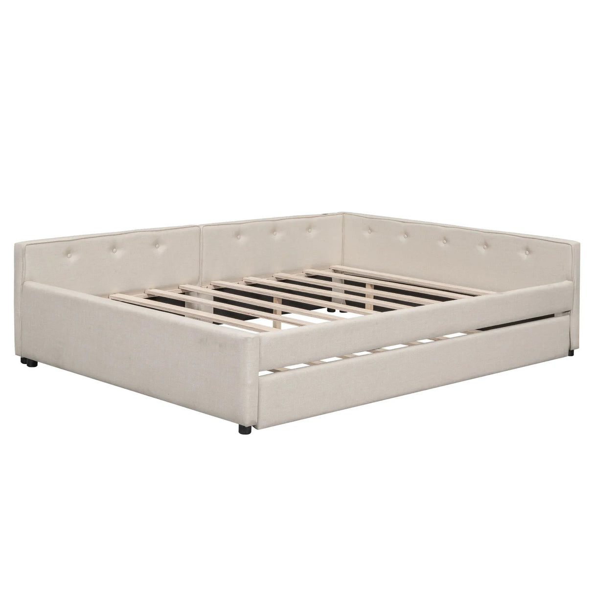 Queen Modern Upholstered Linen Platform Bed With USB Trundle - Omega Lifestyles